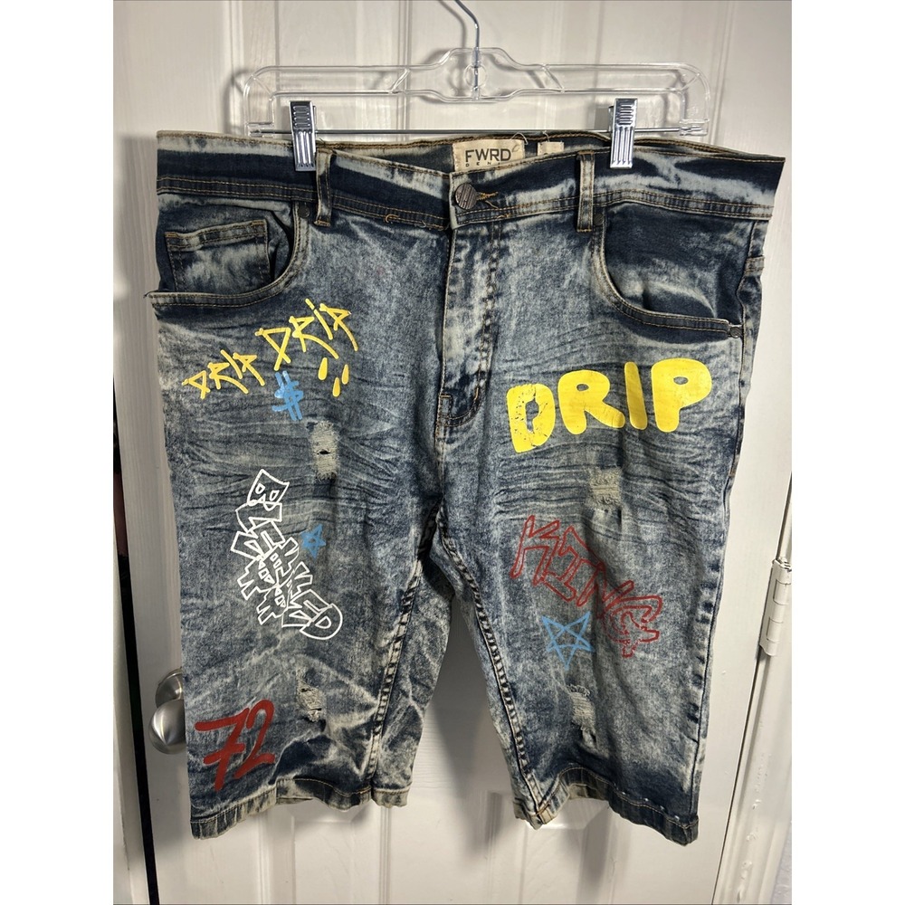 FWRD Denim Jorts Shorts Distressed Splatter Shorts Size 36 Streetwear Painted